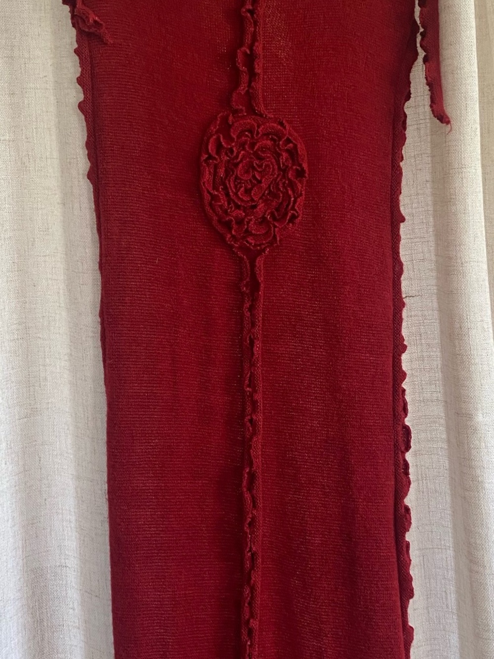 Red Knit Rosette Flower Scarf Lettuce Edge Ruffle 3D Floral Accent Wrap